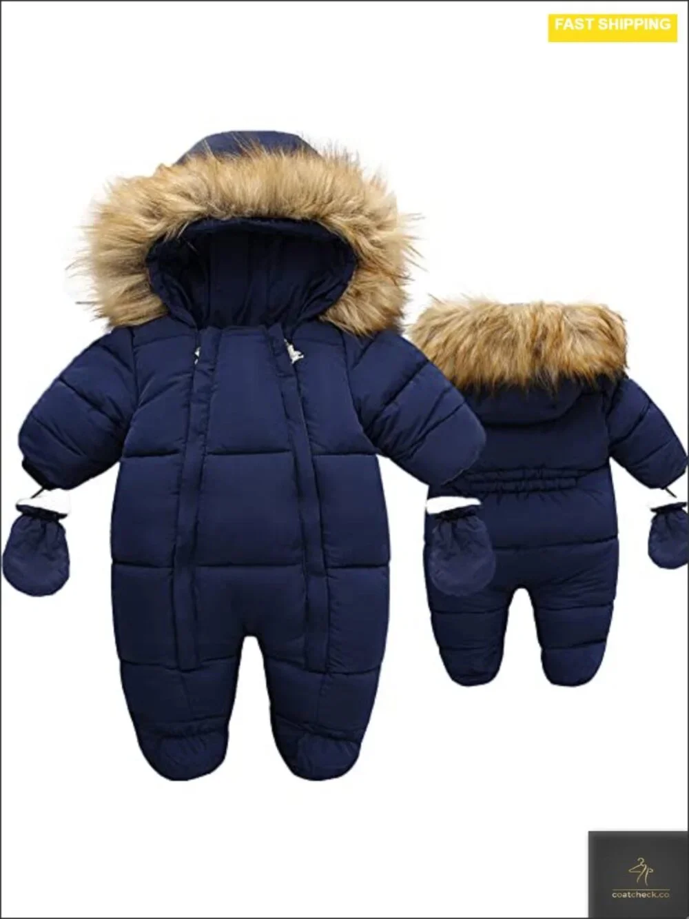 Baby Winter Snowsuit Romper Hooded Double Zipper Fur Collar Warm Jumpsuit